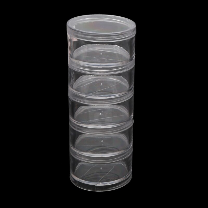 1 sæt 5 -lags cylinder stabelbare perlebeholdere plast rund klar opbevaringsboks til perler knapper håndværk lille genstand: C