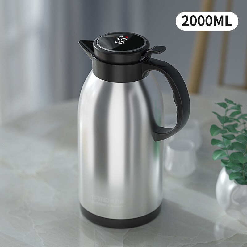 botella termica acero inoxidable termo inteligente botella de agua Jarra termo de acero inoxidable de gran capacidad, botella de temperatura con pantalla, portátil, bote de agua, 2L, 3L: 2000ML Silver