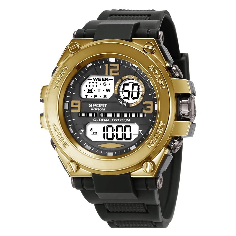 Reloj deportivo multifunción para hombre, reloj despertador luminoso resistente al agua, reloj Digital LED para hombre, reloj de pulsera electrónico con Esfera Grande para hombre: Café