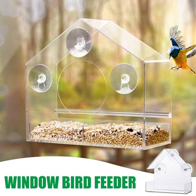 Window Birds Feeder Weather Proof House Shape Clear Acrylic Feeder with 3 Sucker for Outdoors Songbird YE: Default Title