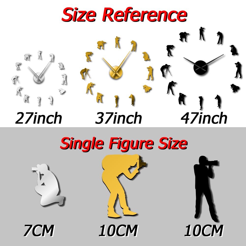 Photographers Modern Big Wall Clock Cameraman Photo Studio Room Decor Diy Acrylic Mirror Sticker Wall Watch Photography