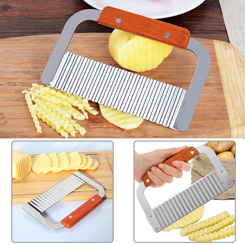 Kitchen Tools Stainless Steel Wooden Handle Wave Knife Fries Cut Corrugated Knife Cutting Knife Potato Strip Cutter