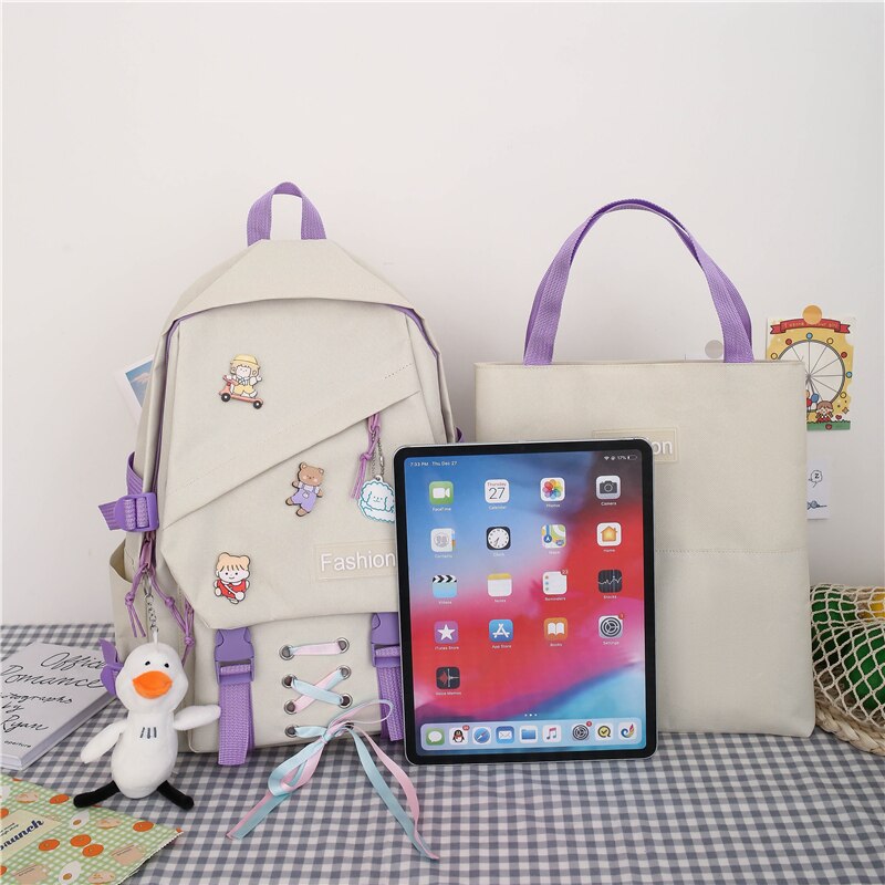 4-Delige Set Meisje Rugzak Voor School Tassen Tiener Leuke Lint Mode Middelbare School Student Rugzak Vrouwen nylon Groen