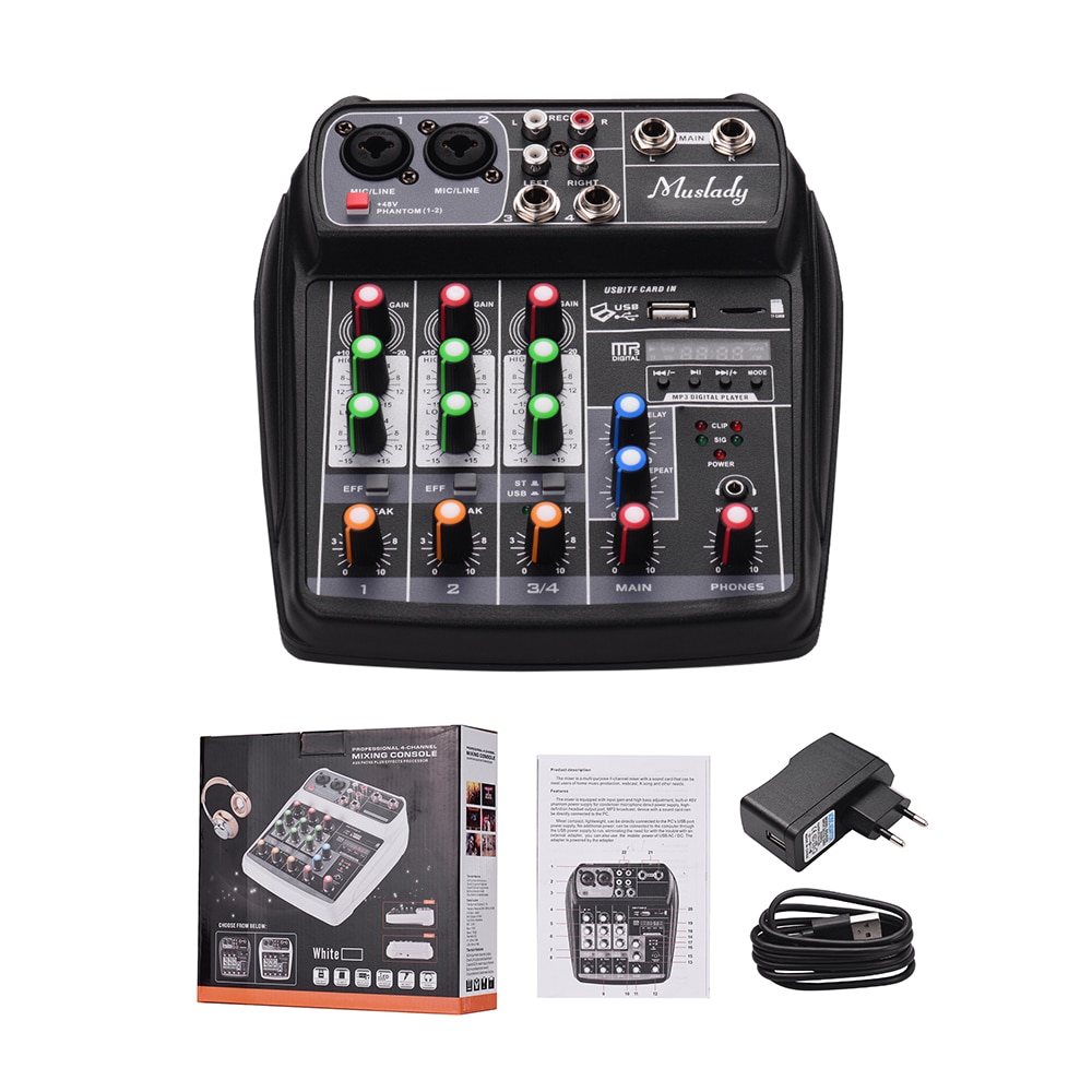 Mixing Console Digital Audio Mixer 4-Channel BT MP3 USB Input 48V Phantom Power for Recording DJ Network Live Broadcast Karaoke: Black EU PLUG
