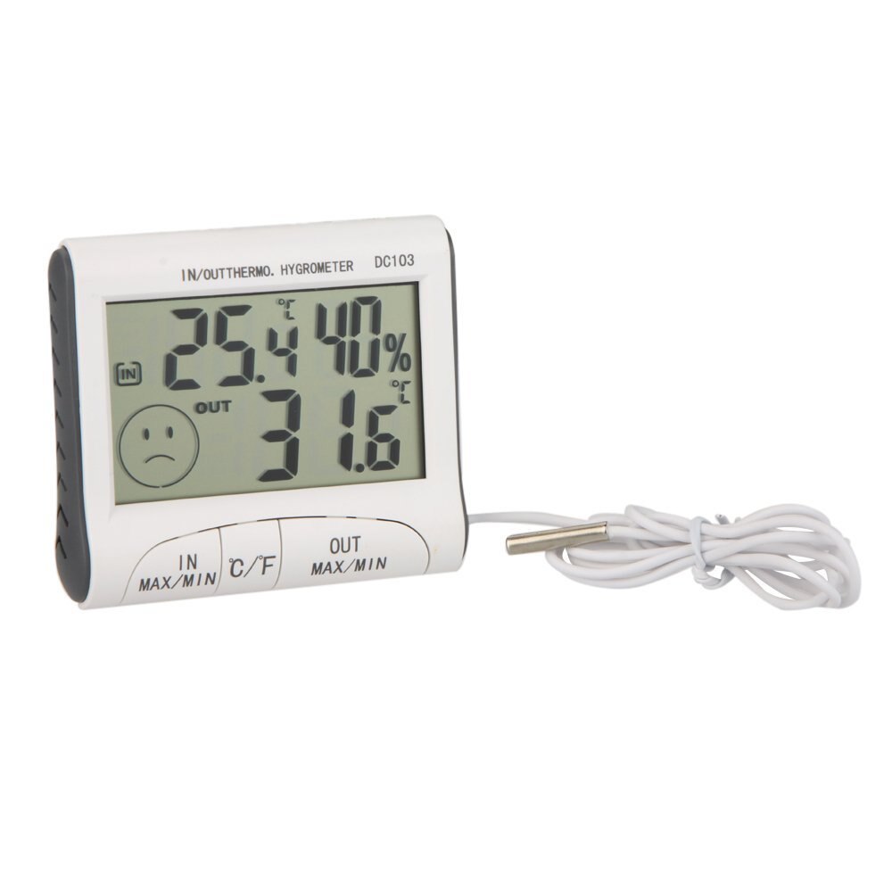 Billigste lcd digital termometer hygrometer fugtmåler og ledningsført temperatur med ekstern sensor hvid
