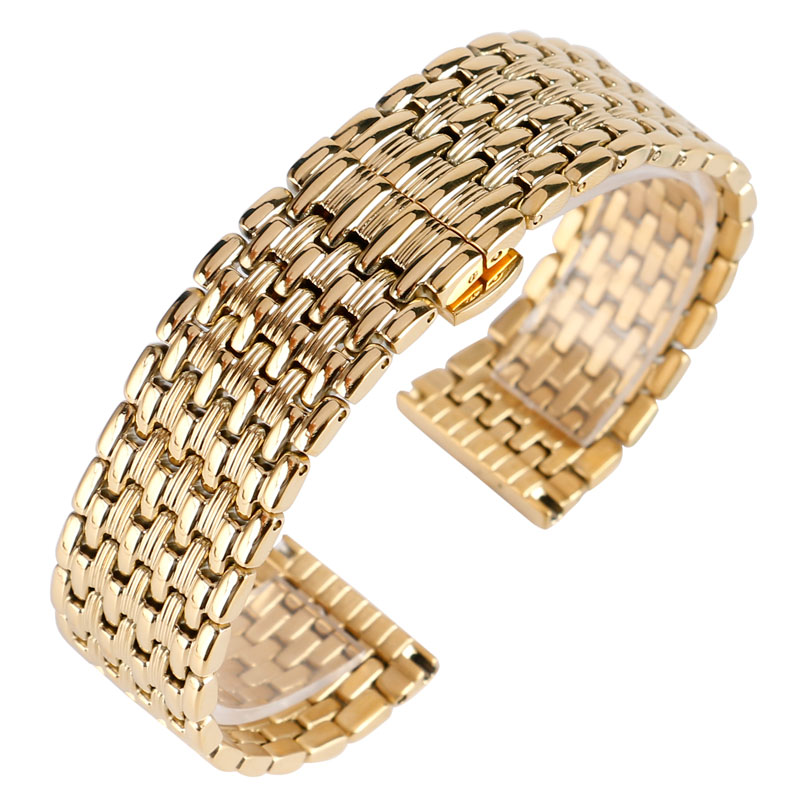 18mm 20mm 22mm Solid Gold Watch Bands Strap Stainless Steel Watchband Adjustable Replacement Bracelet + 2 Spring Bars