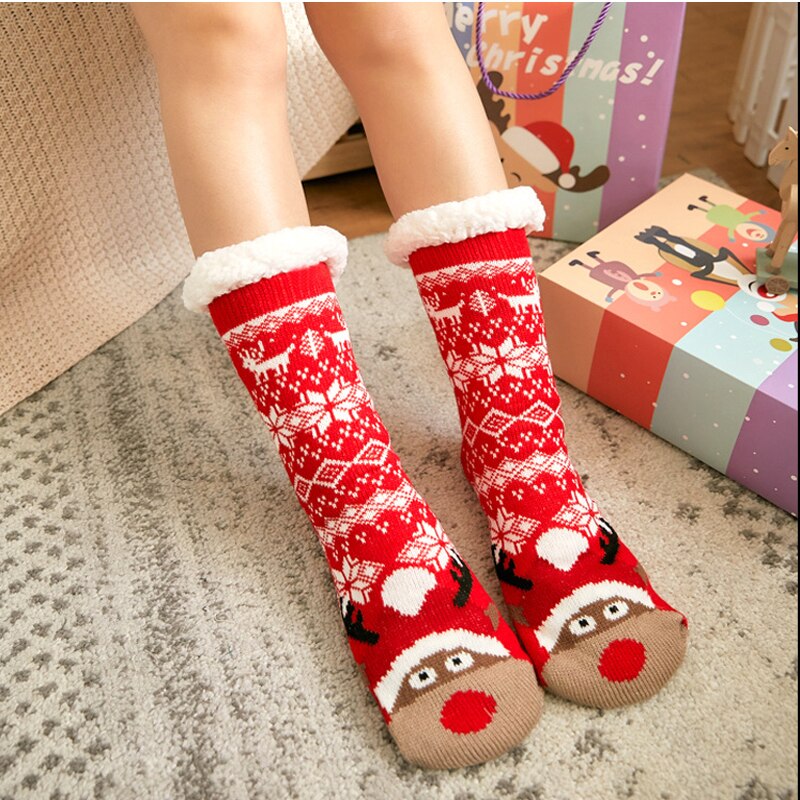 Chaussettes de noël, pour adultes, pour adultes, pour noël, en cerf, pour père noël, chaudes, douces, d'hiver, épaisses, antidérapantes, pour dormir, Midi: D