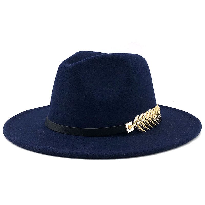 Female Jazz Hat Fashionable Metal Leaf Jazz Hat Woolen Winter Fedora Hat for Women: Navy blue