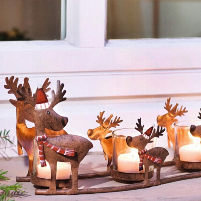 Ljushållare smidesjärn älg pull bil ljusstake retro jul mamma och barnrum rådjur släde med 4 ljus kopp