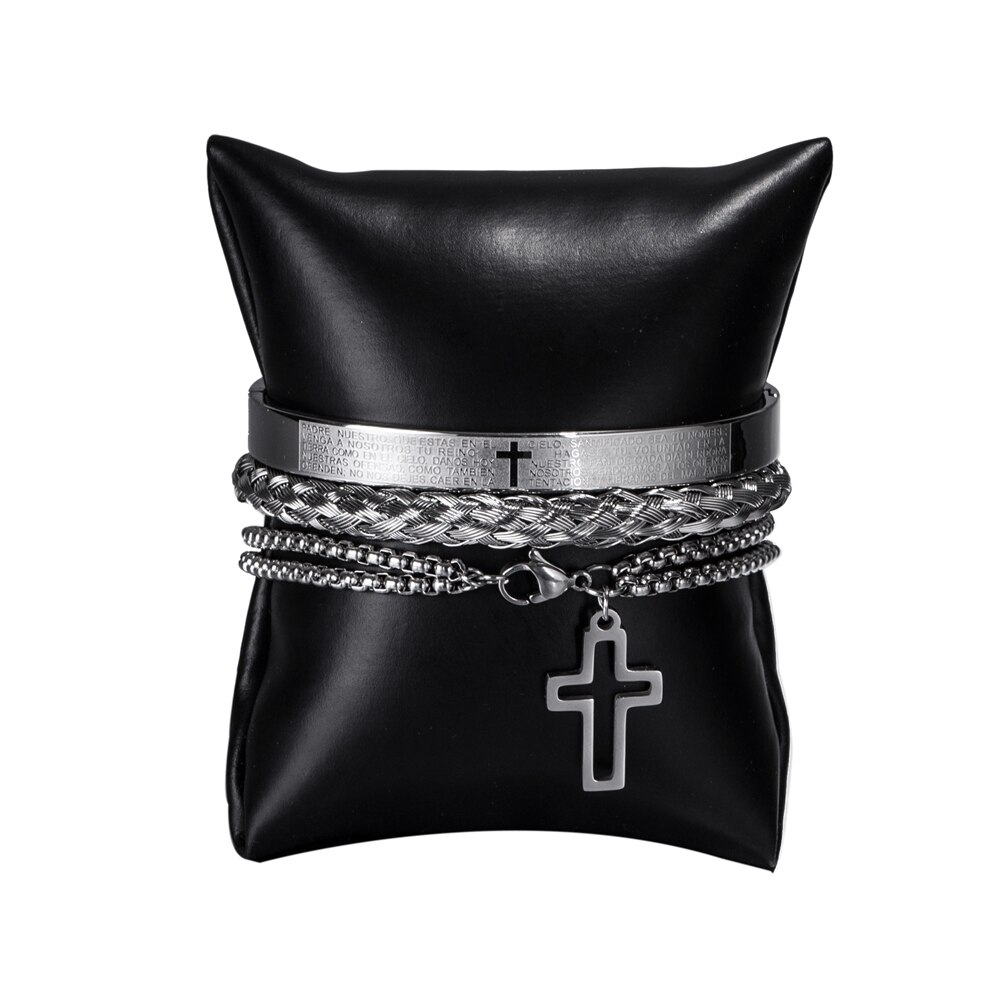 Luxe 3 Stks/set Rvs Cross Armband Mannen Sieraden Charm Open Brangle Carving Spaans Schrift Pulseira Bileklik