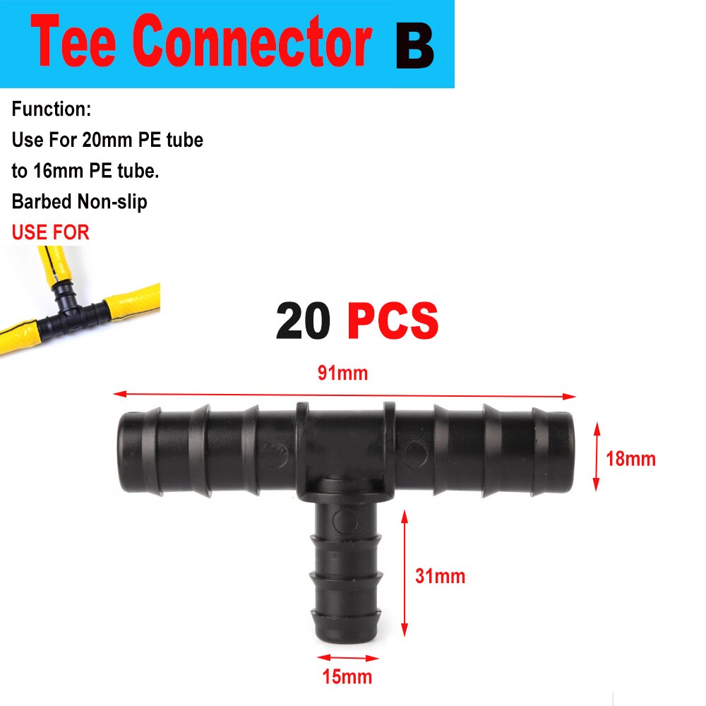20/50pcs Micro Drip Irrigation Connectors End Plug Tee Elbow Equal Barb Connector 16mm 20mm Hose Folding Clip Micro Drip Adapter: B x 20 pcs x 91mm