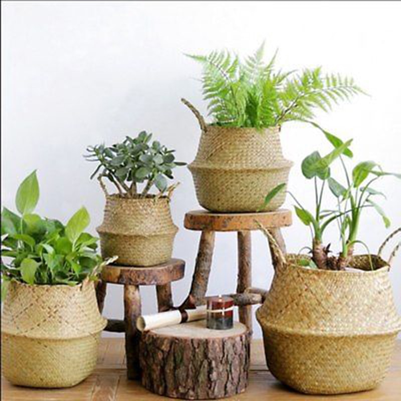 Natura Woven Household Foldable Storage Pot Garden Flower Vase Bellied Basket Hanging Basket With Handle Storage