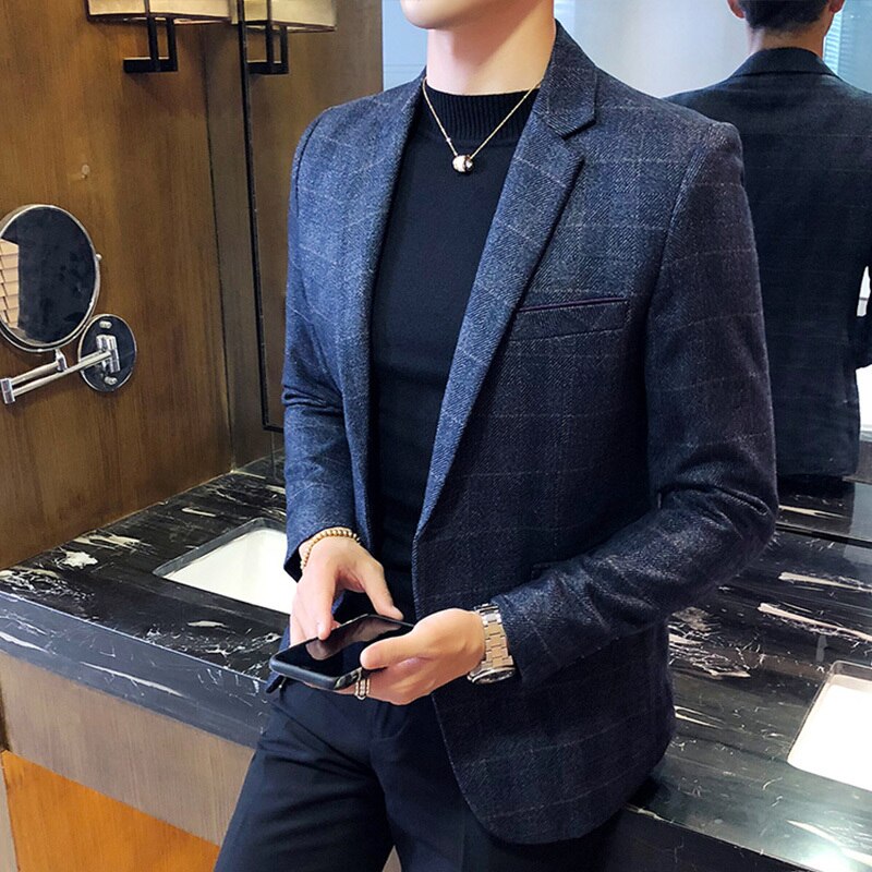 Vintage rutig kavaj brittisk snygg manlig kavaj kostymjacka business casual kavaj med en knapp för män vanlig abrigo hombre: Blå / Koreanska 4xl 77-84kg 