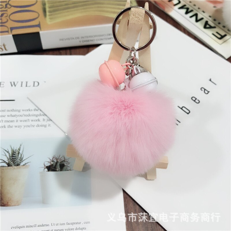 -love 8cm faux rex kanin pom-pom nøglering tiy kontrast farve klokke par taske tilbehør sydkorea små smykker tilbehør: Lyserød