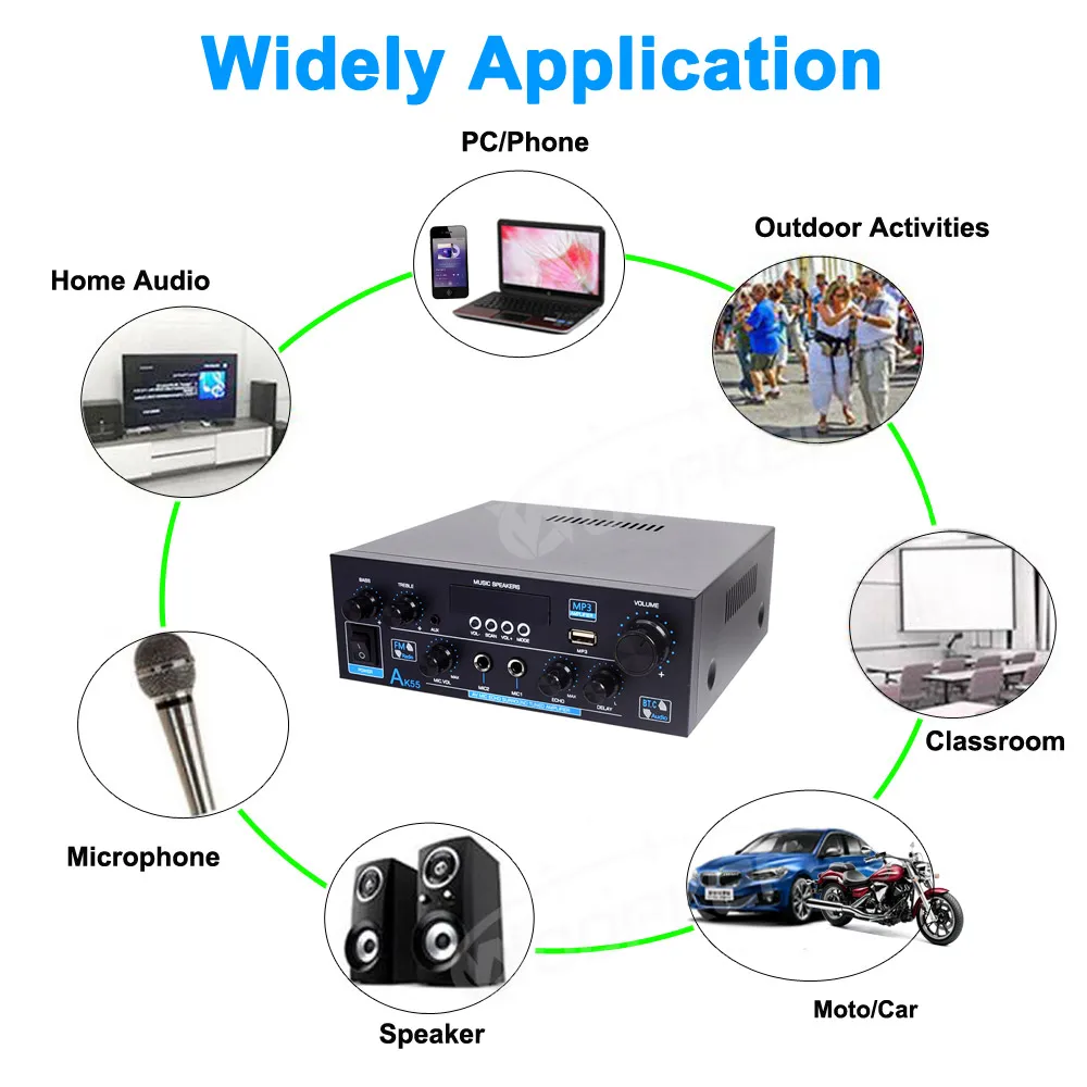 Woopker AK55/AK45 Pro/AK390/AK380 Sound Amplifier Bluetooth Amplifier HiFi Digital Audio Subwoofer 2 Channel FM USB Home Theater