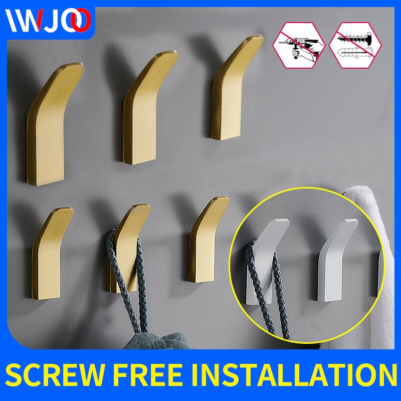 Badrum mantel krokar självhäftande hängare kläder kappa krok skruv gratis installation toalett inredning rum guld dörr krok