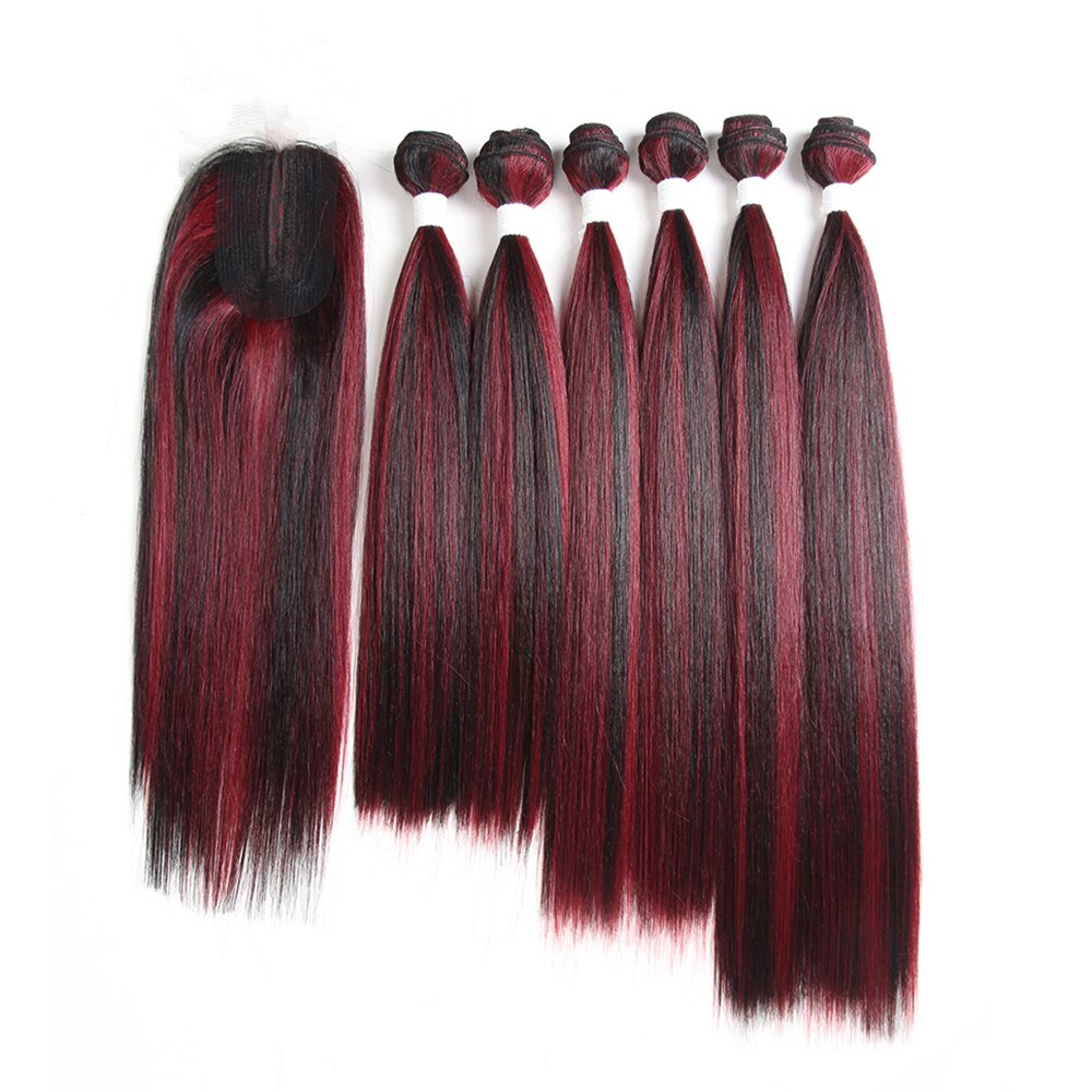Highlight Synthetic Hair With Lace Closure Weave Bundles Weave Hair Extension Yaki Straight 6 Bundles With Closure SOKU: FM1B-BUR