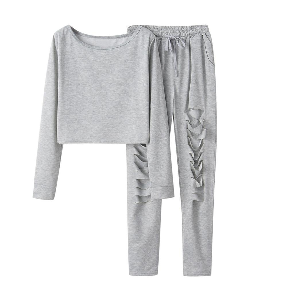 Herbst Frauen lässig Einfarbig Oansatz Lang Hülse Hemd und Schlauch Anzug Aushöhlen Sport Lauf Trainingsanzug Für Damen: Grau / M