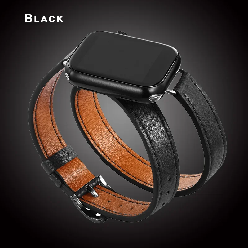 Läderarmband för apple watch-band ultra 2 49mm 40mm 41mm double tour 45mm 42mm 44mm för iwatch-serien 9 8 7 6 se 5 4 3 26 38mm: Kolsvart / 12mm