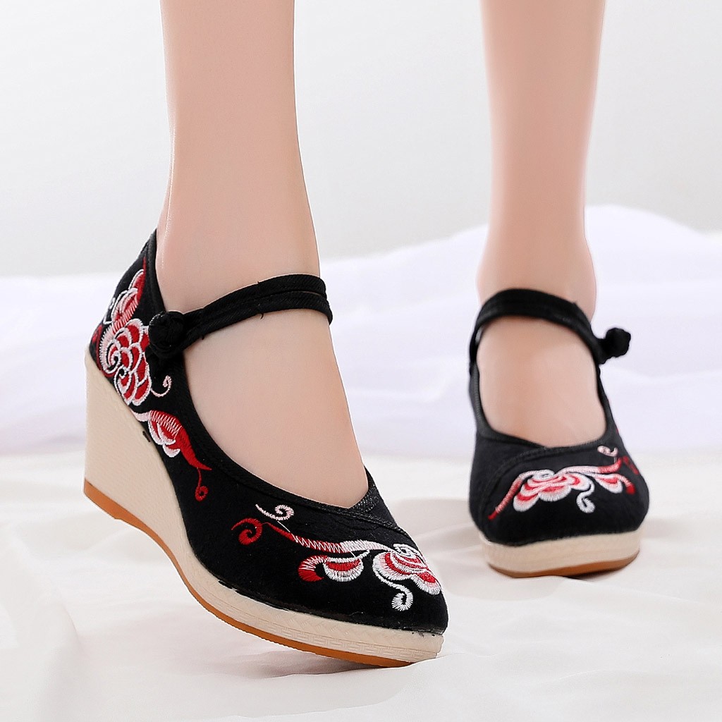 Women's Wedges Flowers Embroidered Canvas Shoes Chinese Style Casual Shoes black Folk Flower Embroideried Fabric Wedge shoes#smt