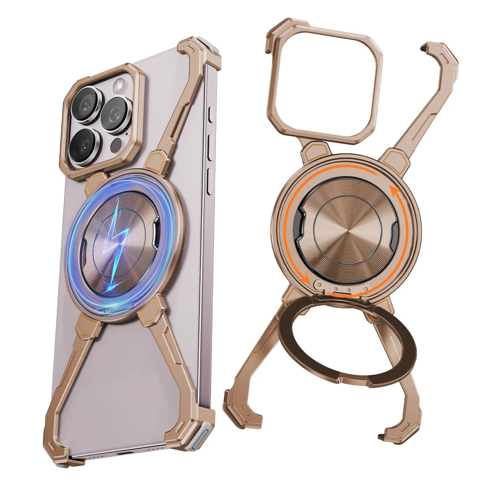 Oatsbasf X forme étui sans cadre pour iPhone 16 15 14 13 Pro Max avec anneau support lunette moins métal antichoc pare-chocs couverture de téléphone: Pour iPhone 16 / Bleu