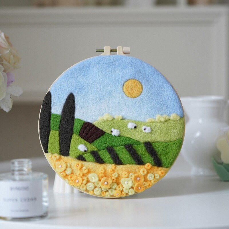 LMDZ 1 Set Landscape Painting Handmade DIY Wool Felting Material with Embroidery Frame Wool Fiber and Instructions: Type 3