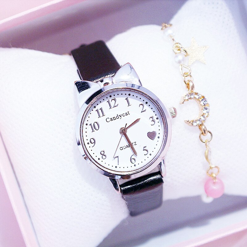 Miss chat noir montre à Quartz femmes bracelet en cuir décontracté montres filles mignon chat cadran forme rose montre-bracelet: A