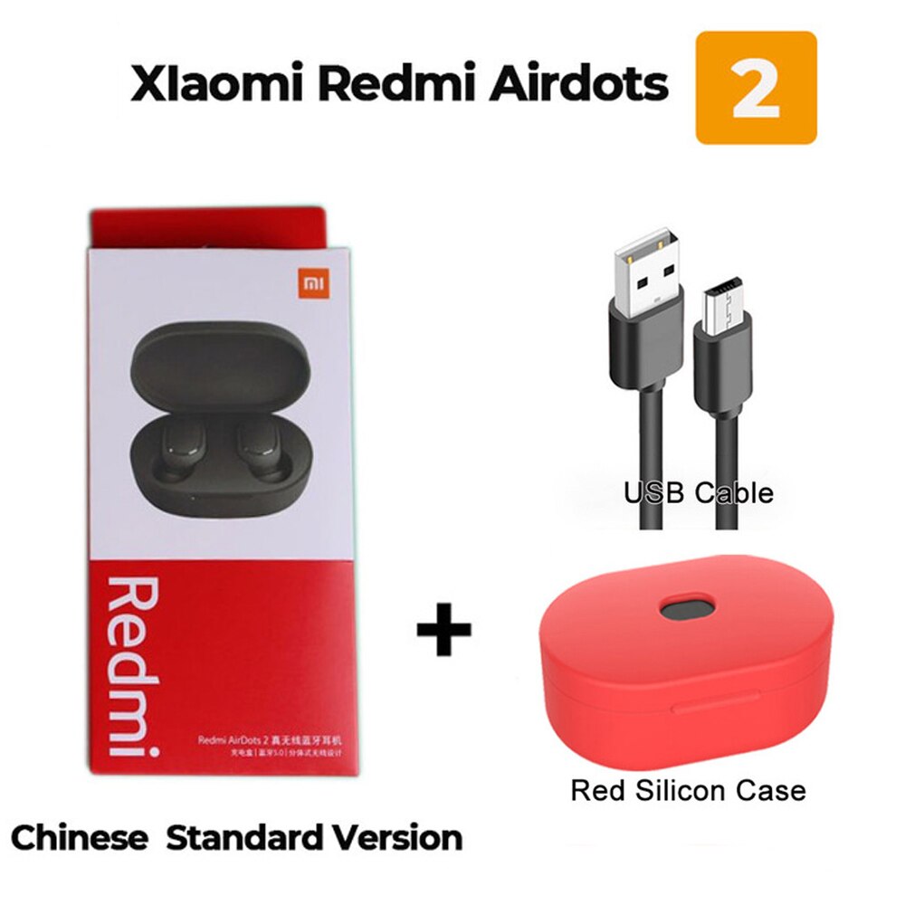 Original Xiaomi Redmi AirDots 2 auriculares Bluetooth 5,0 estéreo bajo Eeadphones Mic manos libres auriculares AI Control auriculares: Add USB red case