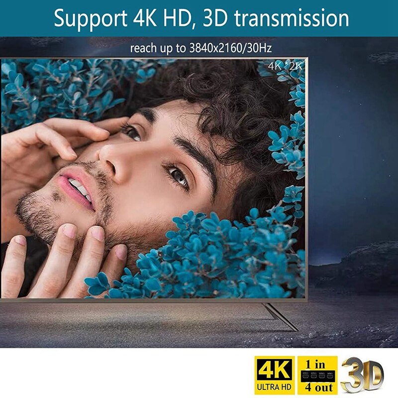 HDMI Compatible Splitter 1 in 4 Out, 4K Supports Full Ultra HD 1080P Switch Splitter for PC DVD HDTV Projector