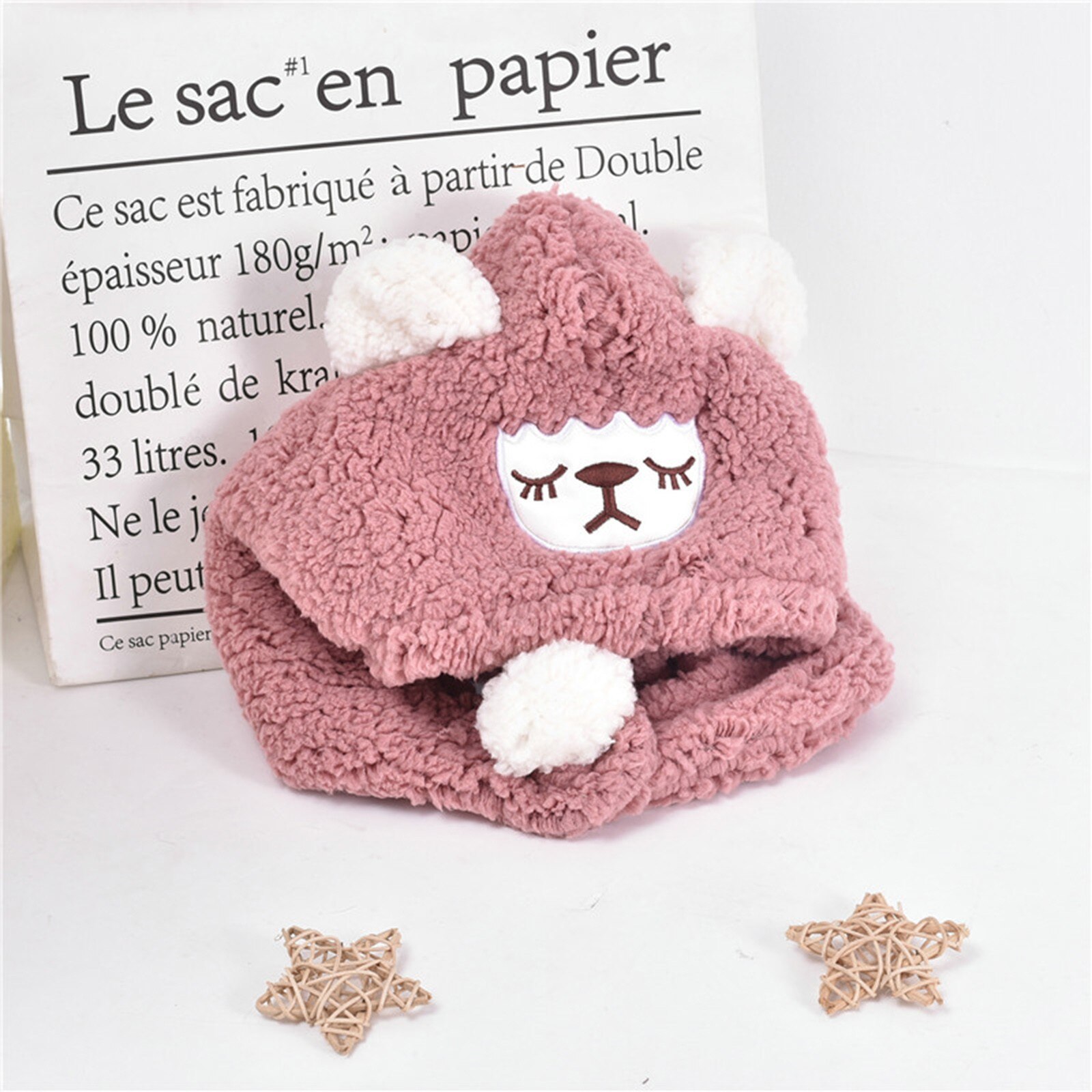 Peuter Meisje & Jongen Baby Beanie Haarbal Cap Verdikte Sjaal Warm Winddicht Oor Masker Gorro Cartoon Harige Beer Winter Haak hoed: Pink 