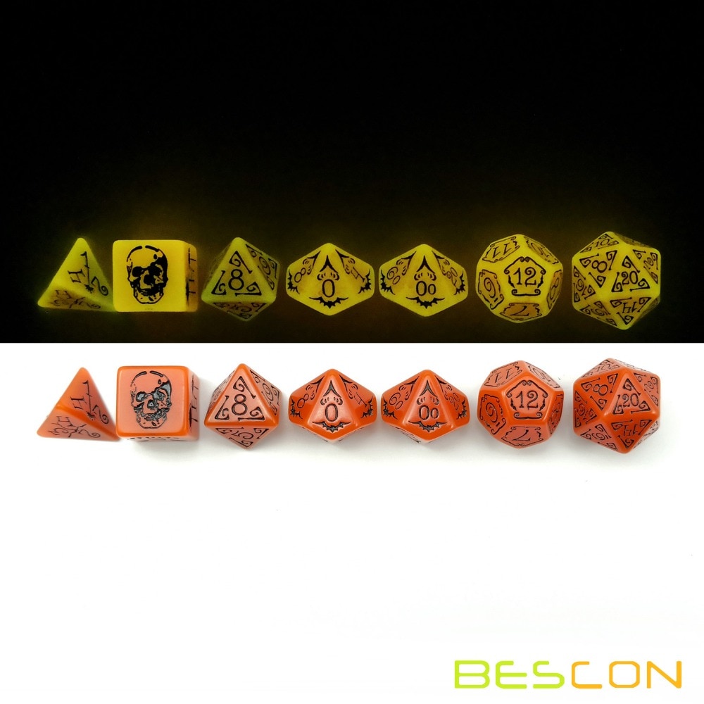 Bescon Gloeiende Halloween Polyhedrale Dobbelstenen 7 Stuks Set, Lichtgevende Halloween Rpg Dobbelstenen Set, glow In Dark Halloween Dnd Spel Dobbelstenen