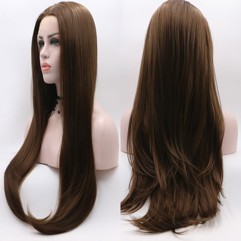 Bombshell Dark Brown Straight Synthetic Hair Lace Front Wig Glueless Heat Resistant Fiber Hair Natural Hairline For Women Wigs