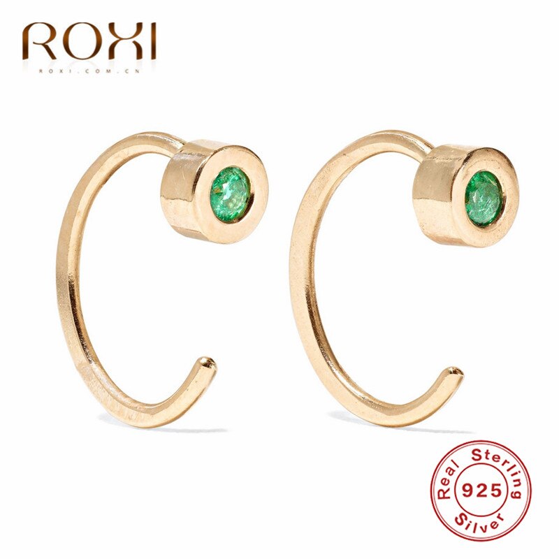 ROXI 925 Sterling Silver Stud Earrings For Women Minimalist C Shaped Green Crystal Earrings Cartilage Helix Piercing Earrings