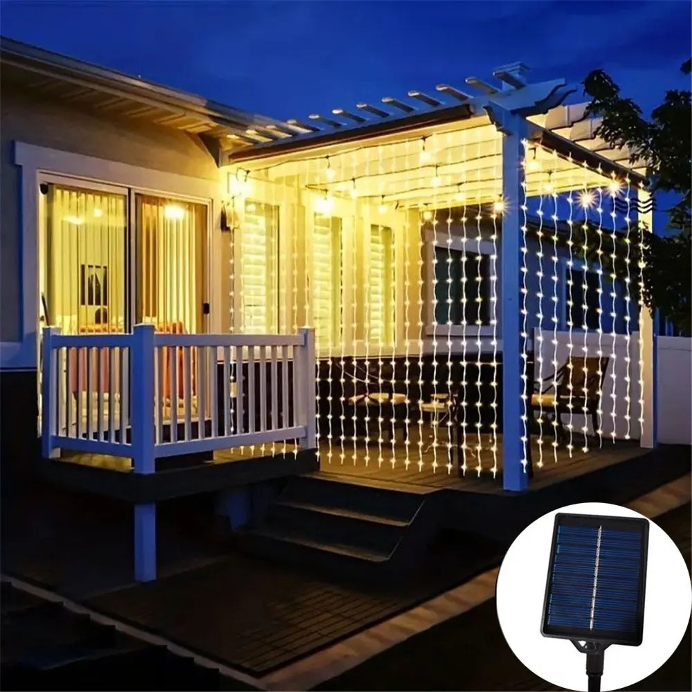 3x3M 300Leds Solar Curtain String Lights Outdoor Waterproof Garden Decoration Fairy Garland 8 Lighting Modes Wedding Lighting: Blue / 650W