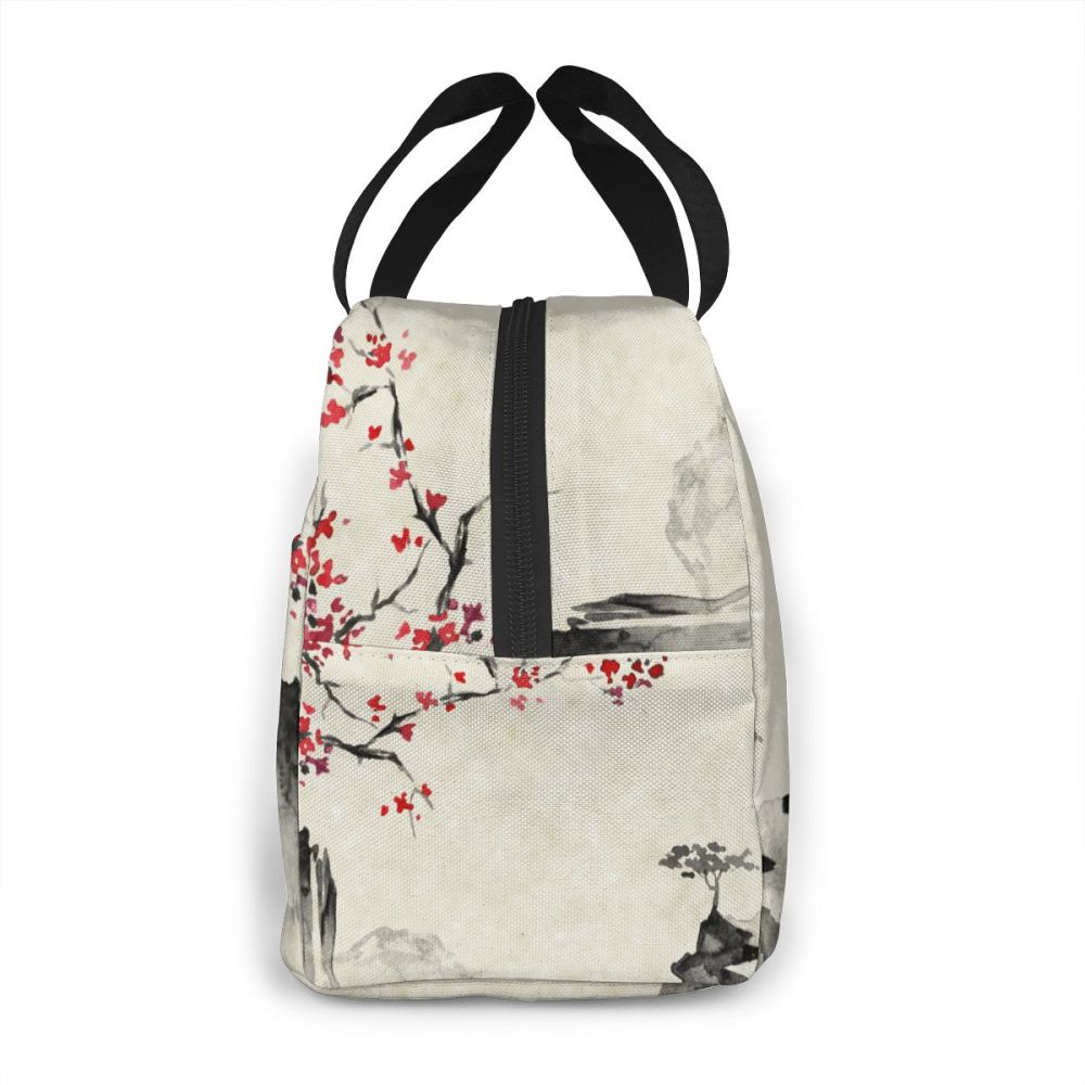 Draagbare lunchtas japanse inkt schilderij sakura en bergen thermisch geïsoleerde lunchbox tas lunchcontainer voedsel opbergtas