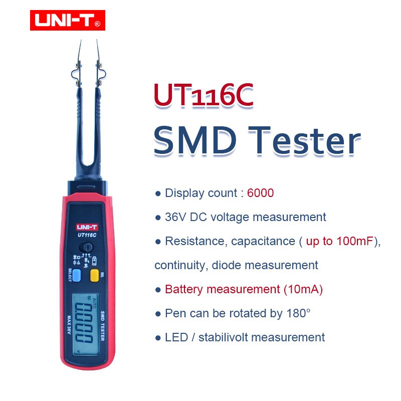 Uni-t smd tester  ut116a ut116c roterbar og med pincet høj præcision modstand-kondensator tester med klip: Ut116c