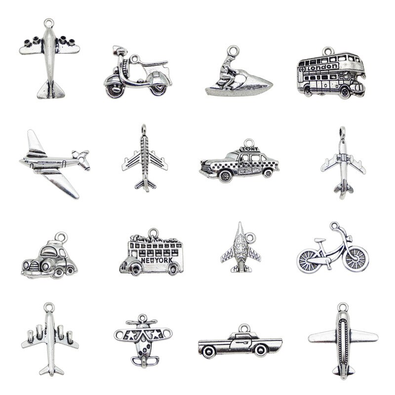 Julie Wang 16PCS Legierung Gemischt Transport Bus Auto Schiff Bike Flugzeug Charme Antike Silber Schmuck Machen Anhänger Erkenntnisse Zubehör