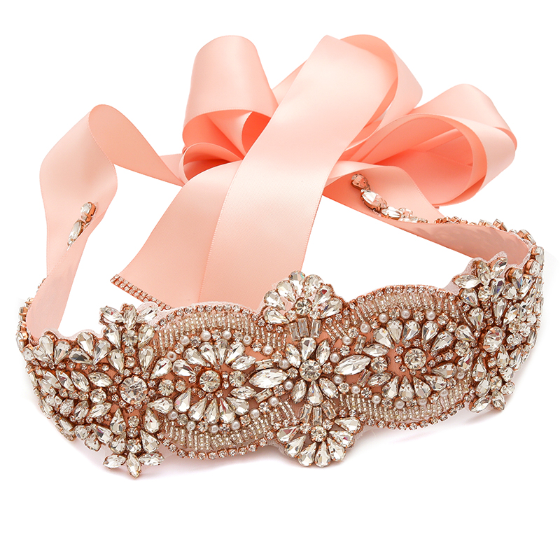 Ceinture pour robe de mariée en cristal Rose doré, accessoire de luxe fait à la main avec strass