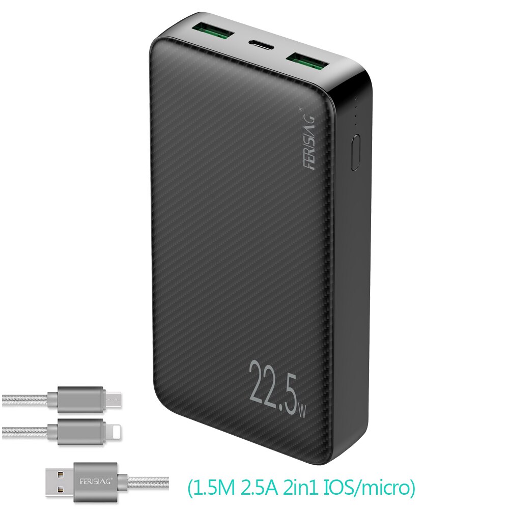 FERISING 20000mAh SCP VOOC 5A Power Bank 22.5W USB Type C External Battery Charger Quick Charge QC3.0 4.0 PD Powerbank Mi banks: With 2IN USB Cable
