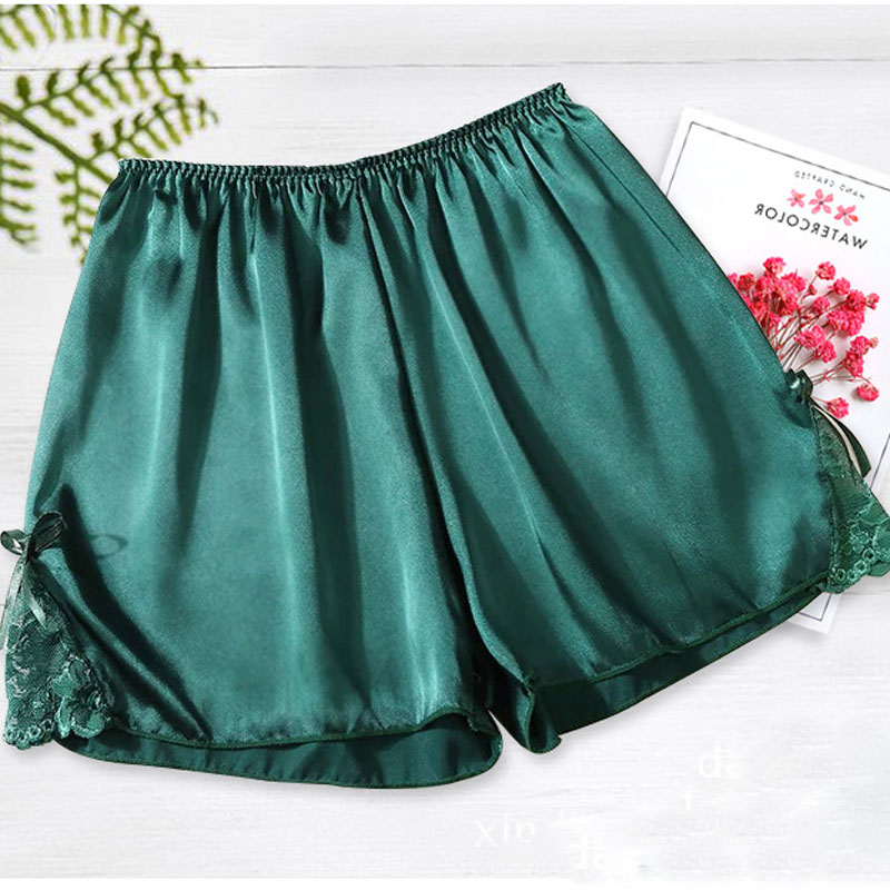 Satin Kitten Silky Elastic Waist Women Men Home Sleep Tracksuit Bottom Short Pants Pajama Nightwear Shorts: green-bowknot