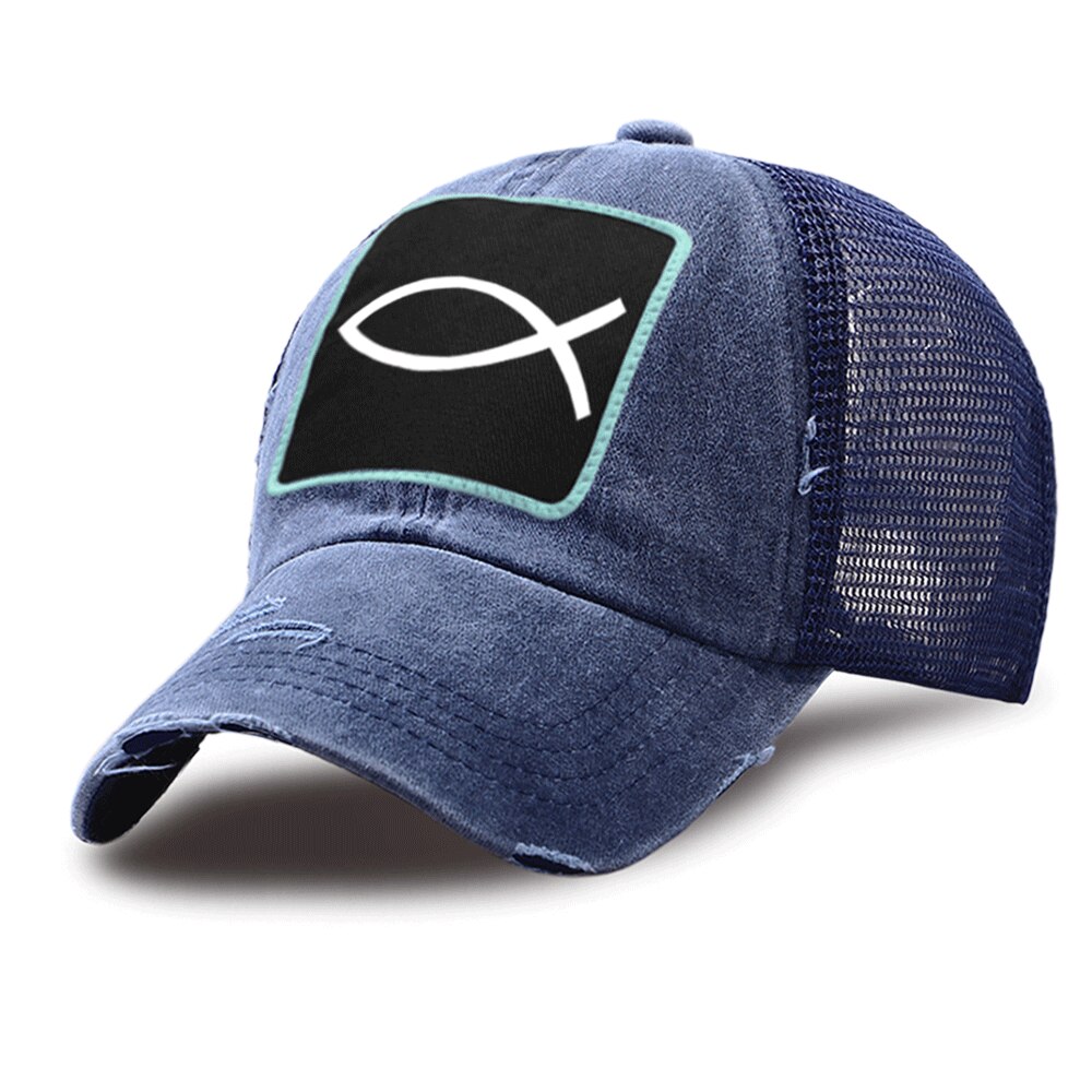 Sombrero de camionero con motivos de pescado Harajuku para hombre y mujer, gorra de béisbol de malla transpirable, de algodón, con cierre trasero, para verano: dark blue6