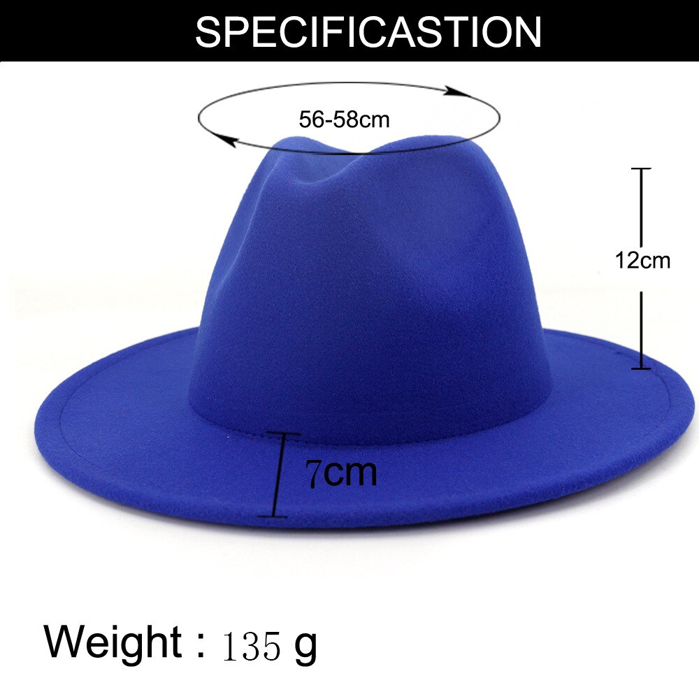 Navy Blue Patchwork Wool Felt Jazz Fedora Cowboy Hats For Women Wide Brim Panama Party Trilby Cap Men Gentleman Wedding Hat L XL