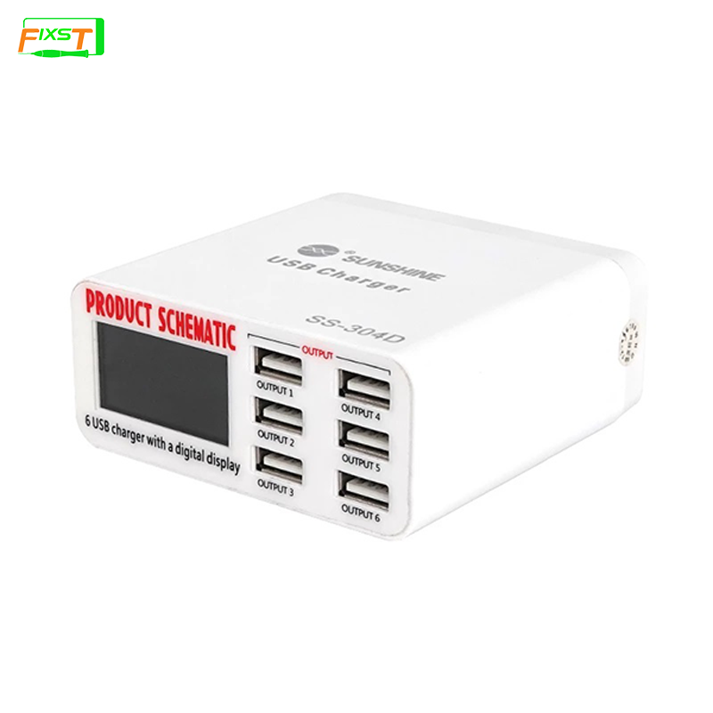 SUNSHINE SS-304D Mini 6 Port USB Smart Charger Support Wireless Charging with LCD Display For Mobile Phone Charging Repair Tools