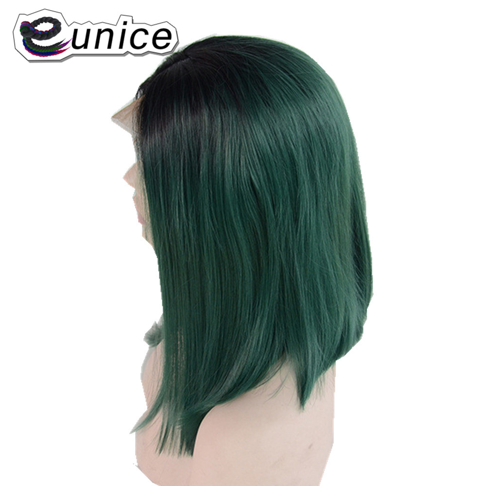 Eunice Hair Synthetic Lace Front Wig Ombre Dark Roots To Pink/Green Color Silky Straight BOB Hairstyle Women Wigs 14" 150density