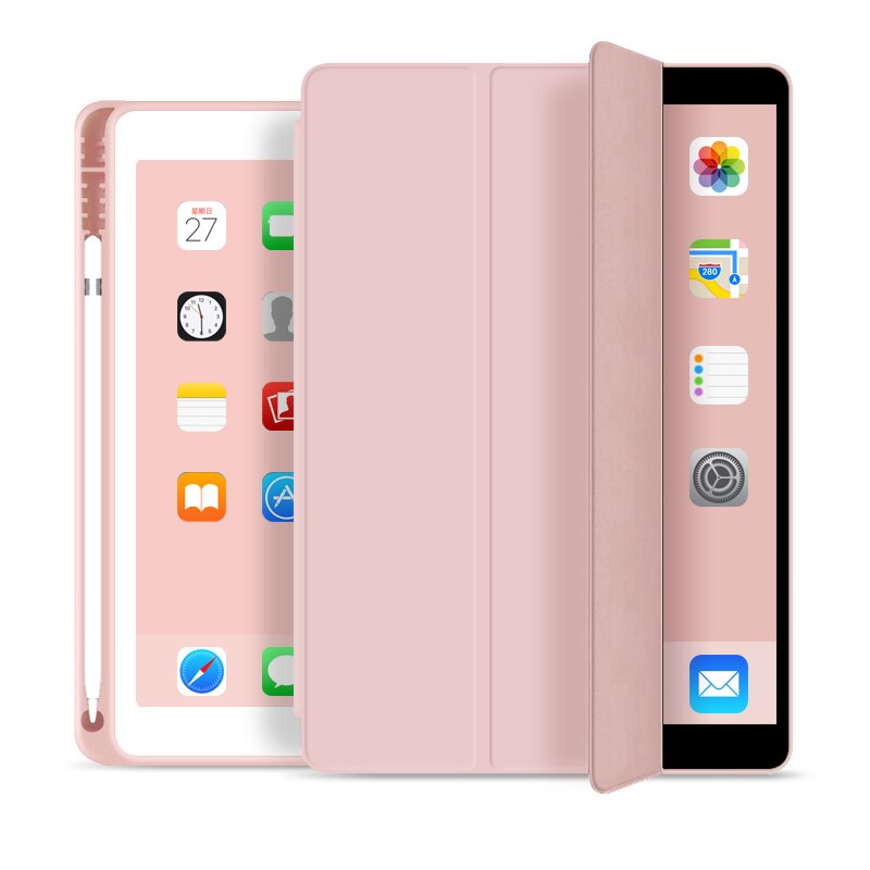 Fodral för ipad 7th generation smart skal med pennhållare för ipad 7 slim hopfällbart ställ silikonfodral för ipad 10.2 funda: Rosa
