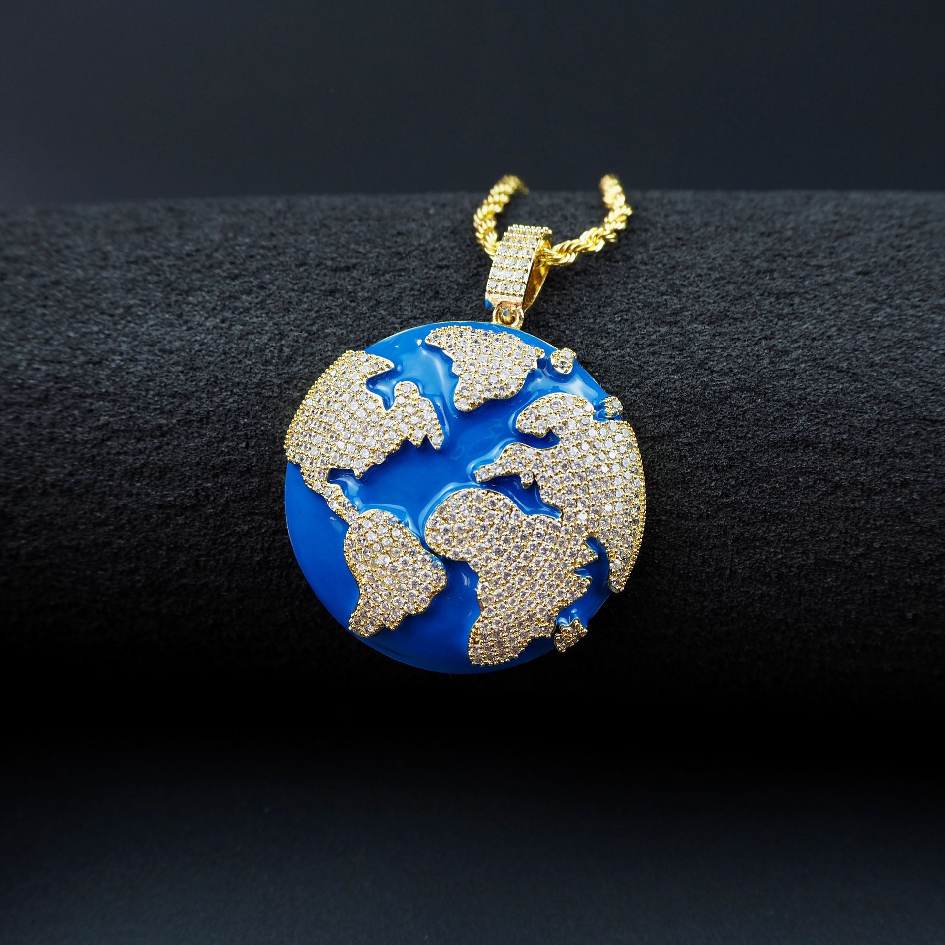 Iced Out Blue Earth Pendant Bling Cubic Zircon Necklace For Men and Women Hip Hop Jewelry