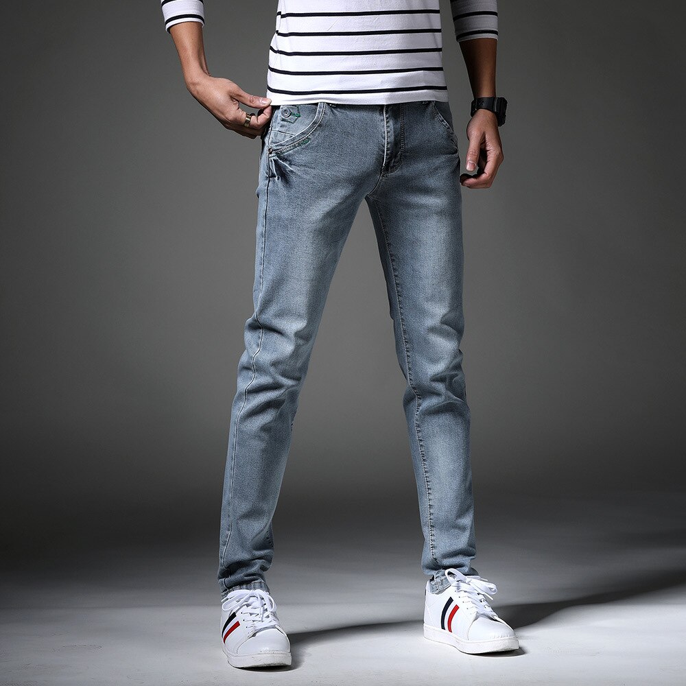 Jeans Men Classic Elasticity Skinny Jeans Business Casual Male Denim Slim Pants Style Gray Blue Jean Trousers Plus Size: 30