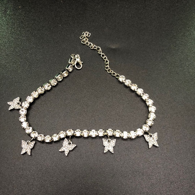 Stainless Steel Shining Rhinestone Ankle Chain Butterflies Pendant Anklet for Women Foot Jewelry Luxury Simple