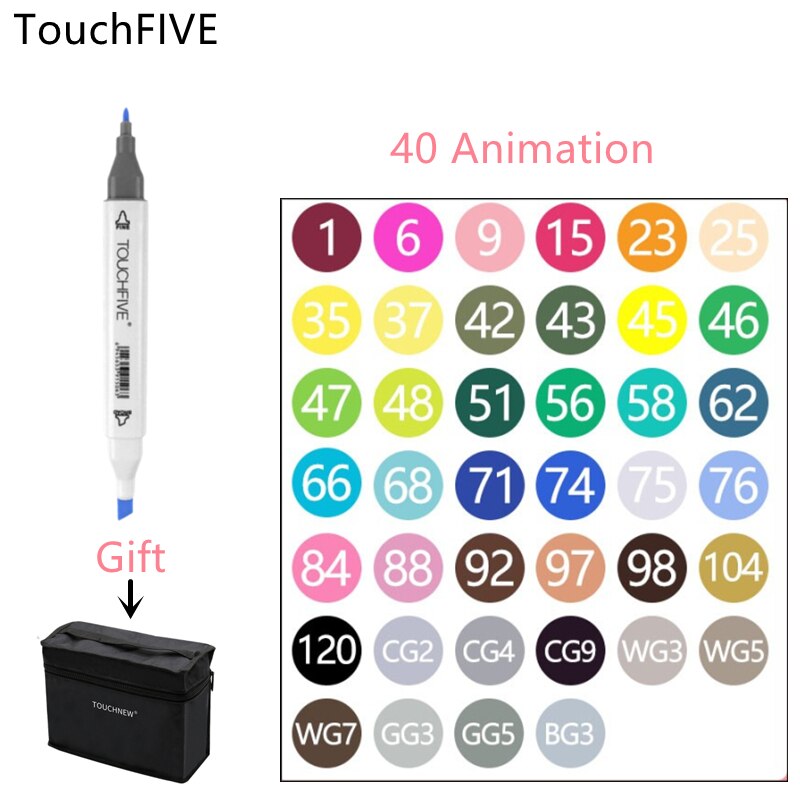 TOUCHFIVE 30/40/60/80/168 Color Markers Set Manga Drawing Markers Pen Alcohol Based Sketch Felt-Tip Twin Brush Pen Art Supplies: White 40 color Set