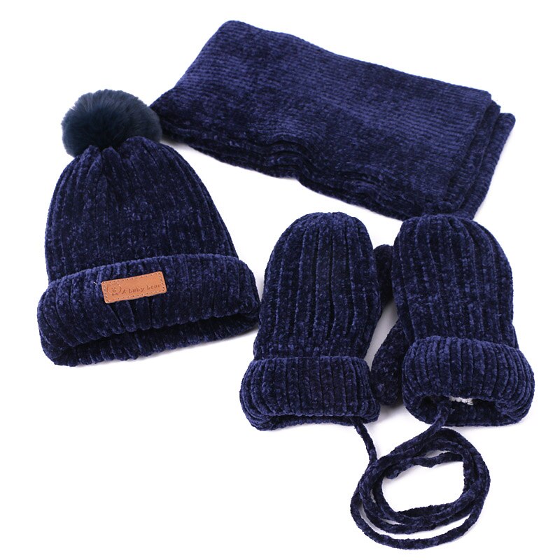 Tredelt hatte tørklæde handsker sæt børn hat vinter varm vante pompon strikket hat med foring efterår ensfarvet beanies sæt: Flåde